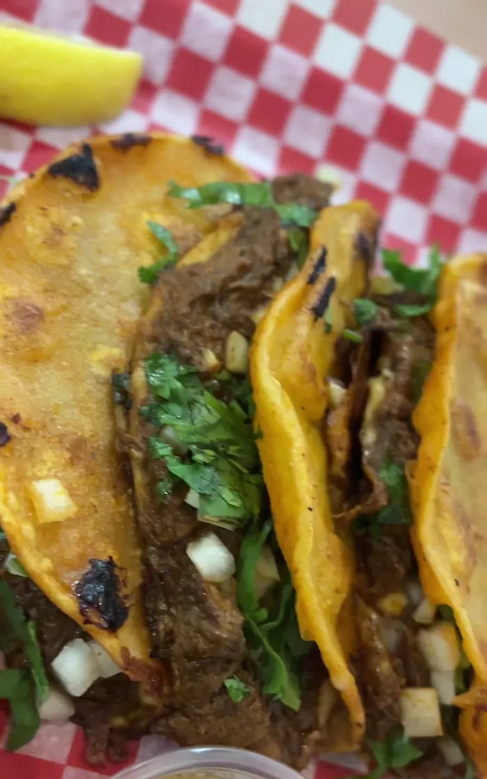 Close-up of three birria tacos with shredded beef, chopped onion and cilantro on checkered paper