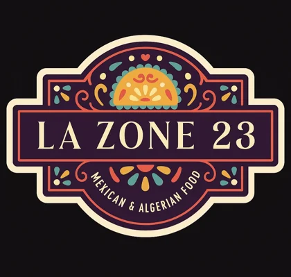 La Zone 23 logo: a golden taco under papel picado ornaments, with the words Mexican & Algerian Food